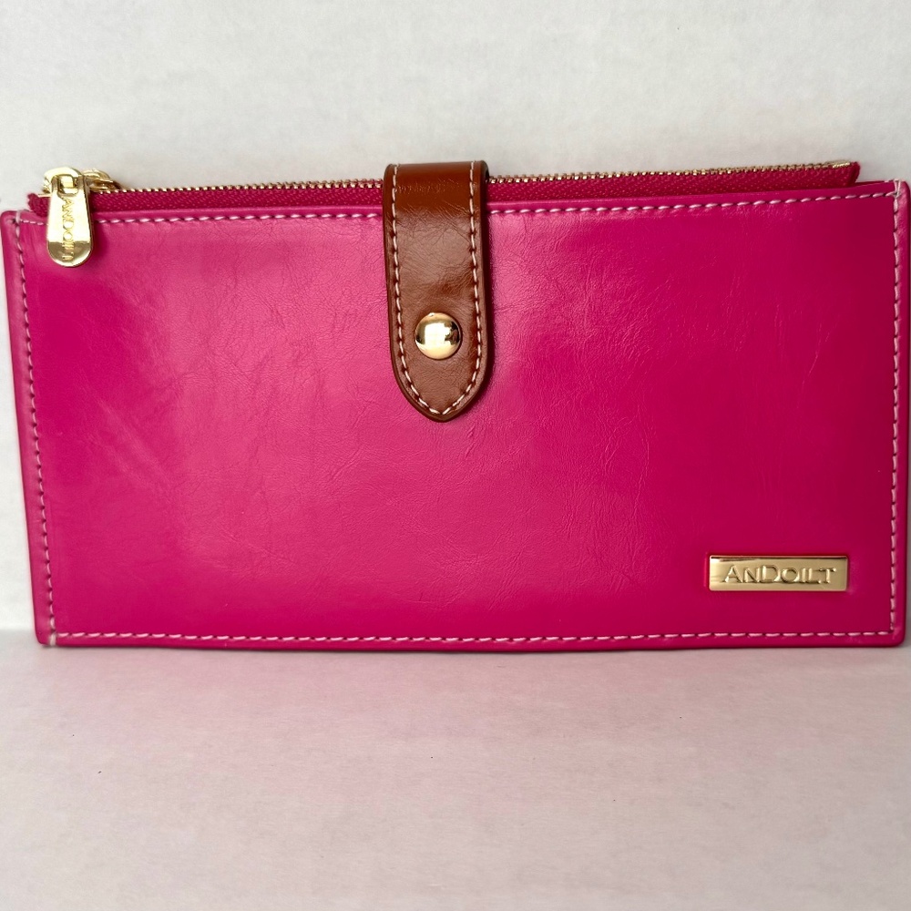 🌸ANDOILT Women's Wallet RFID Block Credit  Card Holders 2 Zipp Compartments Pink